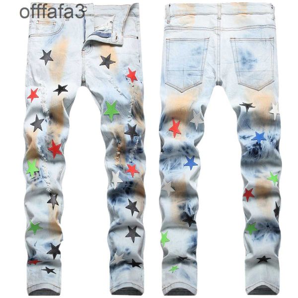 Jeans roxo calça masculina moda de rua masculina com buracos artesanato encadernação e branqueamento calças elásticas pintadas à mão estrela bordado pequeno reto