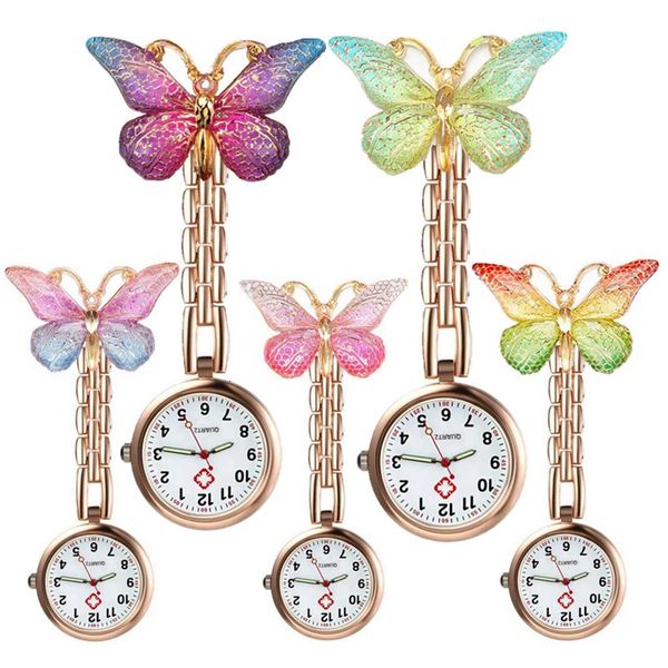 10pcsLot jolie bande dessinée coloré papillon brillant FOB montres de poche pour infirmière médecin femmes dames robe broches montre horloge 240103