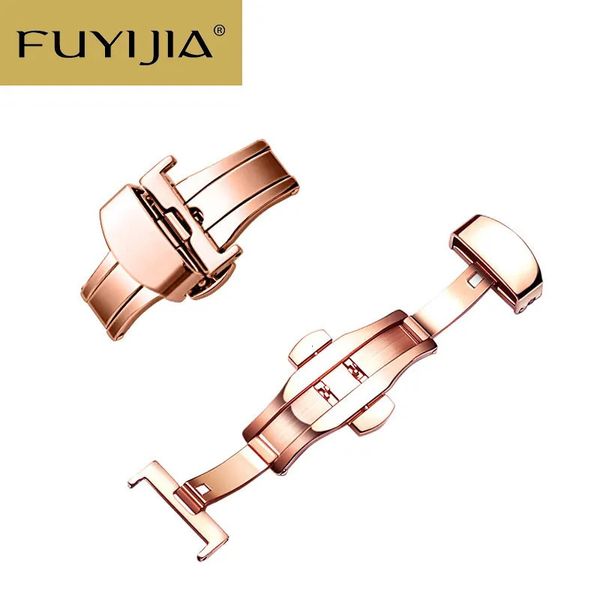 Fuyijia acessórios de relógio masculino e feminino, fecho dobrável de pressão dupla, fivela borboleta de aço inoxidável para pulseira de jacaré genuína 240104