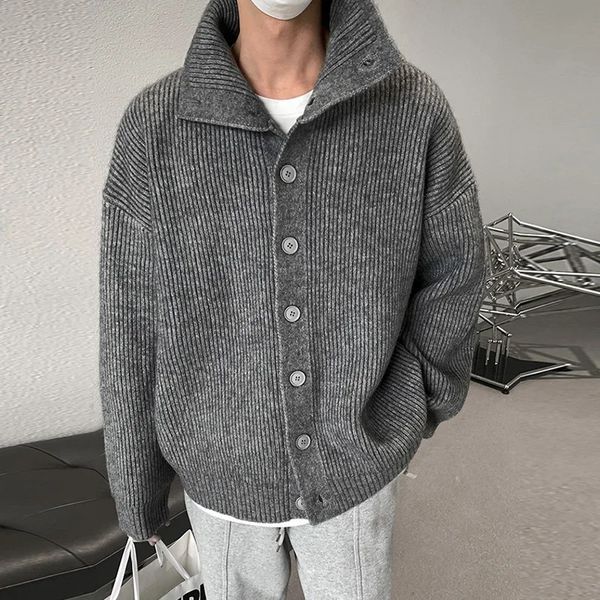 Masculino vintage malha jacquard gola alta cardigan camisola casaco manga longa casual botões cor sólida roupas de inverno 240103