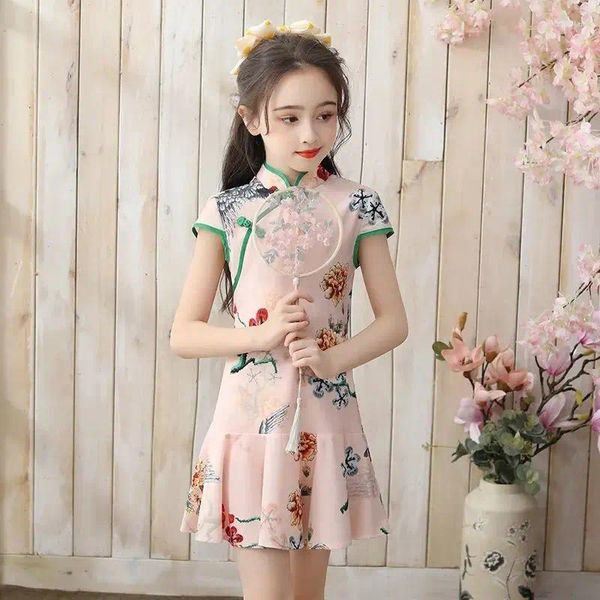 Abiti da ragazza Abiti estivi Cheongsam per ragazze Colletto vintage cinese per bambini Retro Bambino da 2 a 12 anni Vestiti per bambini Festa