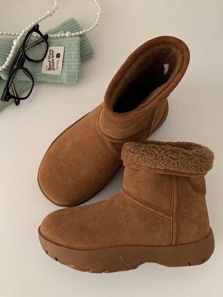 Botteg Venets Snap Snap Snap Snow Boots Açılıyor Kore ayakkabıları Stilin Tavuğu Yuvarlak Deri Herkes için