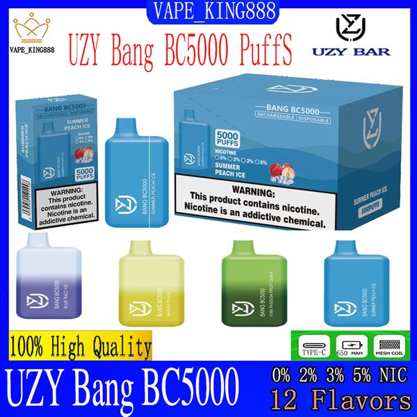 Оригинальные одноразовые электронные сигареты UZY Bang BC5000 Puff 1,2 Ом с сетчатой катушкой 12 мл Батарея для капсул Перезаряжаемые электронные сигареты Puff 5K 0% 2% 3% 5% Одноразовый комплект для электронной сигареты UZY Bang BC5k