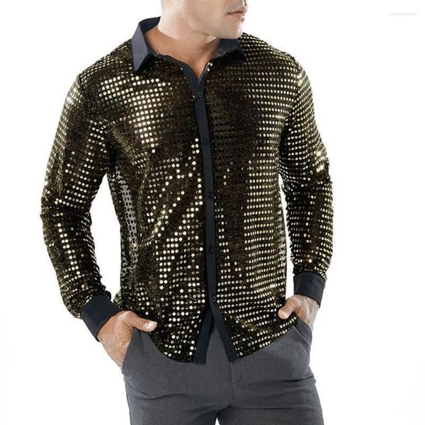 Camicie casual da uomo Moda Paillettes lucide Manica lunga Colletto con risvolto Stage Party Dance Camicia retrò anni '70 Disco Bling Top Abbigliamento uomo