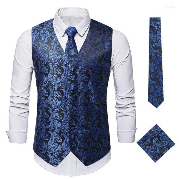 Coletes masculinos homens jacquard colete pescoço gravata hanky abotoaduras conjunto para homens terno sem mangas jaqueta casamento festa de negócios smoking