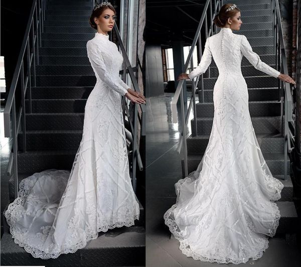 Abiti da sposa vintage in pizzo modesto a maniche lunghe tradizionale abito da sposa cristiano cattolico musulmano Dubai arabo appliques da sposa Rea5106786