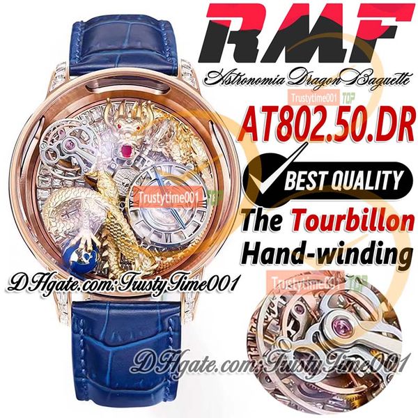 RMF AT802.50.DR Astronomia Tourbillon Orologio meccanico da uomo Iced Out Pavé Baguette Diamanti Oro giallo 3D Art Dragon Dial Cinturino in pelle trustytime001 Orologi