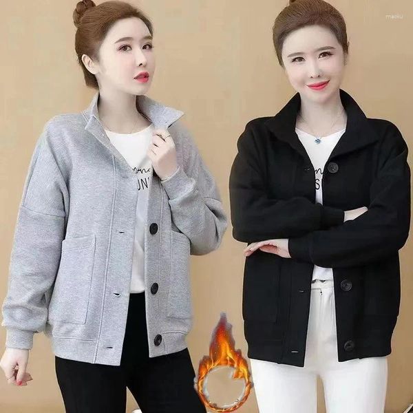 Frauen Jacken Herbst Winter Koreanische Plüsch Warme Mantel Lässig Mode Hohe Kragen Einreiher Dame Lose Große Tasche Jacke