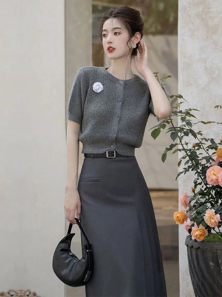 Vestidos de trabalho verão elegante terno feminino vintage corsage malha superior cinza magro midi saia ol conjuntos de duas peças casual y2k moda outfits