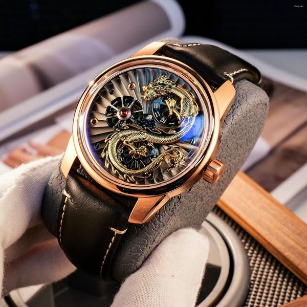 Armbanduhren OBLVLO Designer Herren Rose Gold Dragon Automatikuhr Luxus Kreative Räder Leuchtendes Leder Mechanisch für MännerJM-Dragon