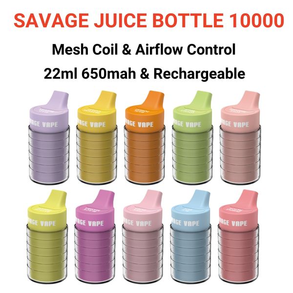 E cigarro descartável vape Savage Juice Bottle puff 10k atacado vapes descartável puff 10000 22ml 650mah vape granel controle de fluxo de ar bobina de malha recarregável