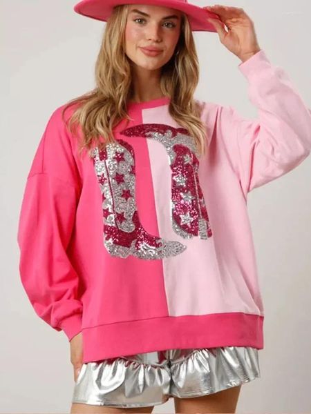 Felpe con cappuccio da donna Stivali con paillettes carini Stampa Felpa a contrasto Pullover casual a maniche lunghe girocollo Abbigliamento per San Valentino