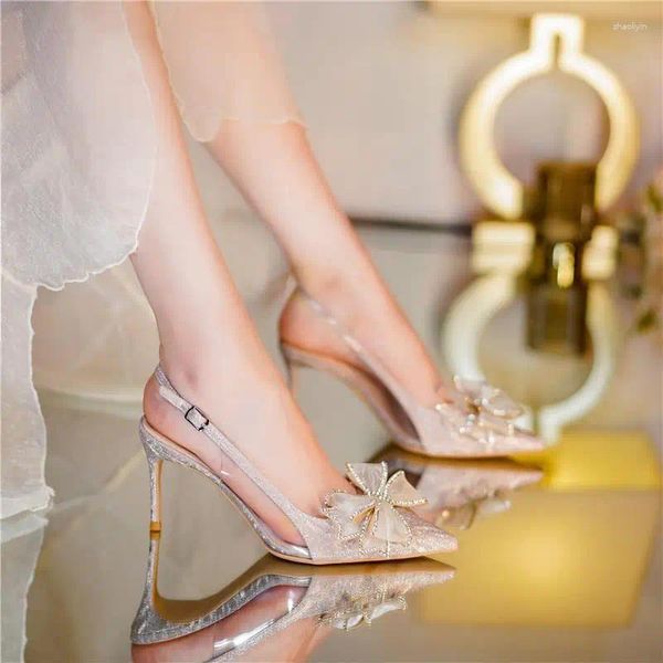 Sandali Calzature Chiuse per le donne Tacchi sottili Scarpe da donna Stiletto Estate 2024 Fiocco di diamanti Argento Strass Sandalo a punta