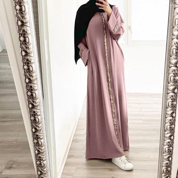 Roupas étnicas Abayas para mulheres muçulmanas aparadas lantejoulas emenda islam abaya chiffon vestidos longos em torno do pescoço vestido formal robe turque