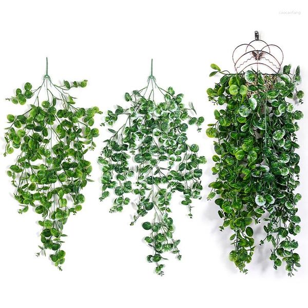 Flores decorativas 80cm artificial rattan folha redonda eucalipto parede pendurado simulação planta verde falso videira decoração de casa