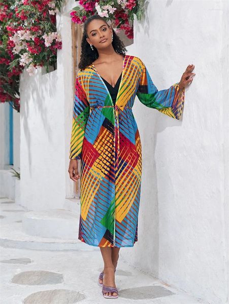 Mulheres Swimwear Beach Bath Saídas Mulher 2024 Sexy Cover Up Kaftan Túnica Terno Tela Impressa Cardigan Cinto Férias Camisa de Proteção Solar