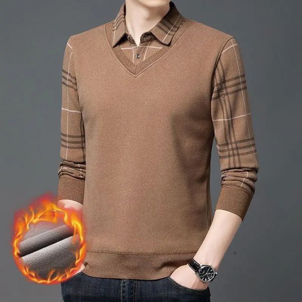 Осенне-зимняя плюшевая мужская футболка с толстым вырезом из двух предметов, модное нижнее белье с рисунком, свитер, британский топ 240104