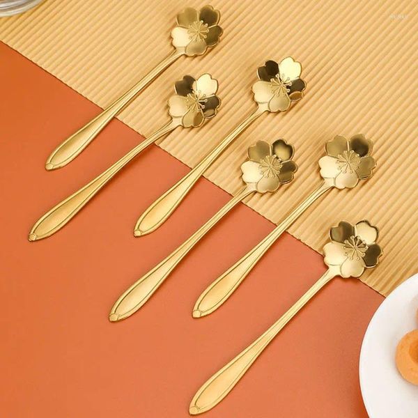 Löffel 6pcs Edelstahl Golden Cherry Löffel Kaffee Dessert Kuchen Langgang Griff Rose Herz Form kreatives Küchentisch Geschirr