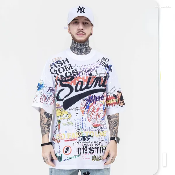 T-shirt da uomo CnHnOH Hip Hop Harajuku Creative Graffiti Stampa T-shirt a maniche corte con collo rotondo e vecchio cartone animato Splash