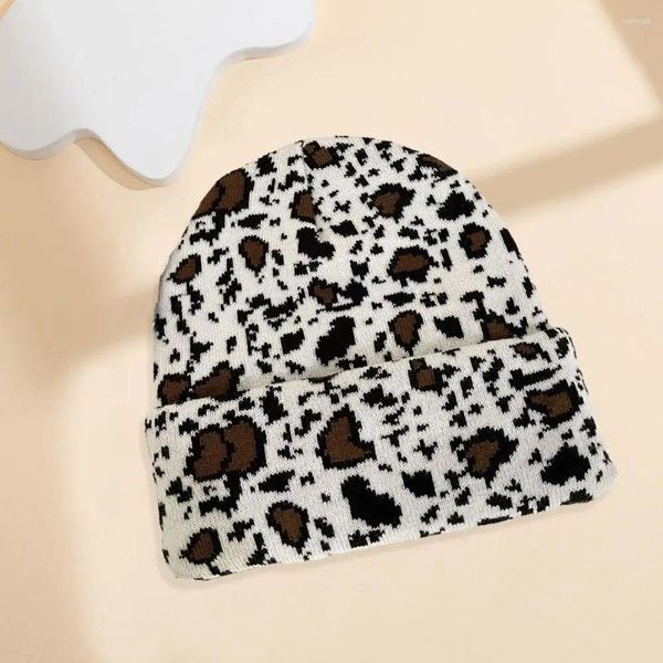 Berets malha térmica chapéu impressão malha gorro chapéus para homens mulheres grosso quente inverno crânio com vaca leopardo unisex streetwear