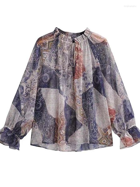 Blusas femininas primavera e outono moda europeia americana versátil na moda impressa em torno do pescoço rendas manga lanterna solta blo