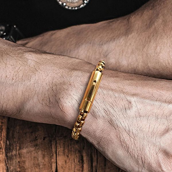 Bracciale da uomo, bracciale a catena con scatola rotonda, scatole arrotondate in oro giallo 14k con collegamento semplice a strati, gioielli impilabili,