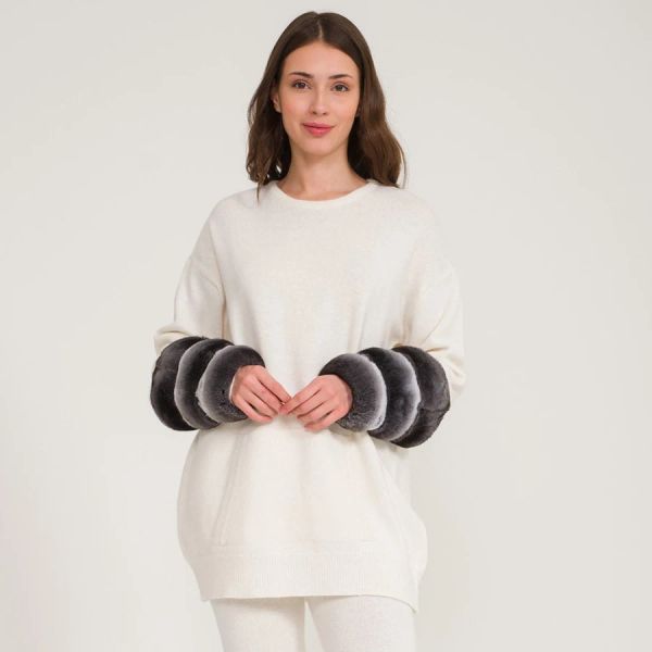 Женское шерстяное зимнее пальто, кашемировый свитер, женский свитер с манжетами из меха кролика шиншиллы, кардиган с манжетами из натурального меха