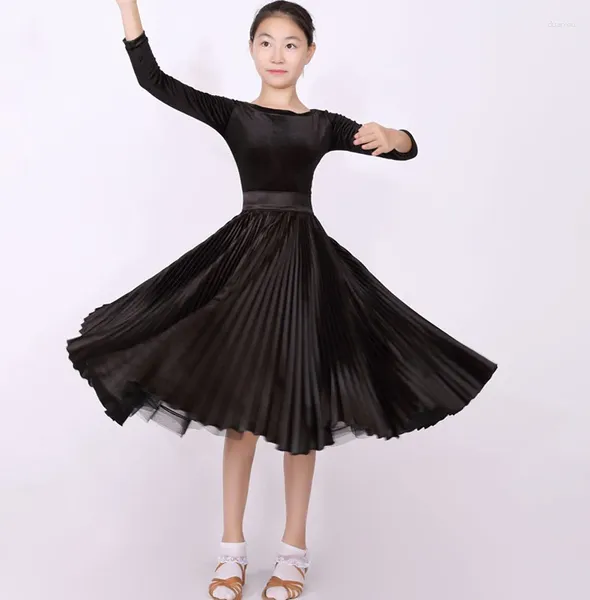 Bühnenkleidung, schwarze Ballsaal-Tanzkleider für Kinder, elegantes Langarm-Walzer-Wettbewerbstanz-Rock-Tango-Kleid für Mädchen