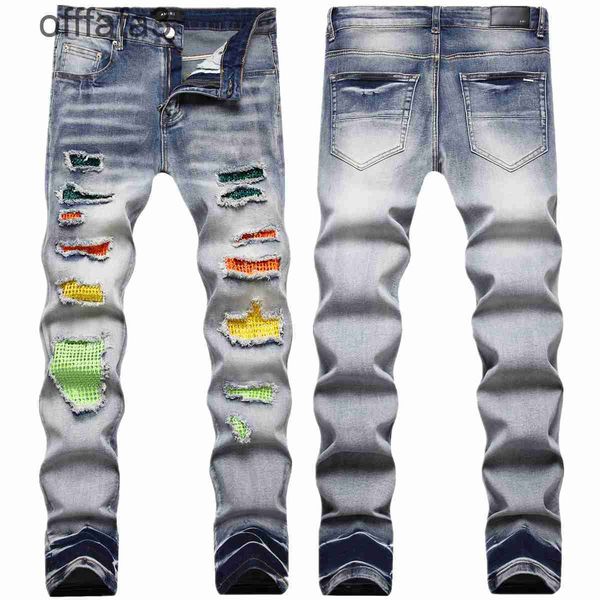 Jeans masculinos roxos calça alta moda de rua nova marca angustiada indústria pesada lavada unhas gastas e buracos quebrados jeans masculino slim fit AM pés pequenos calças elásticas