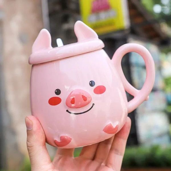 Tassen Cartoon Schwein Form Becher mit Deckel und Löffel Kaffee Tee Tasse Keramik Keramik Tassen Weihnachtsgeschenk