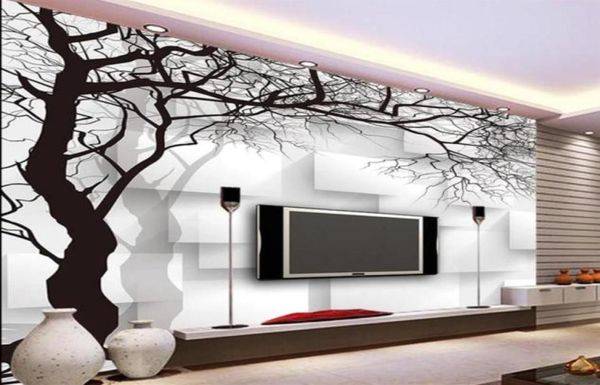 Wunderschöne Landschaftstapeten, handgemalte, abstrakte 3D-Baumquadrat-TV-Hintergrundwand in Schwarz und Weiß259y2719502