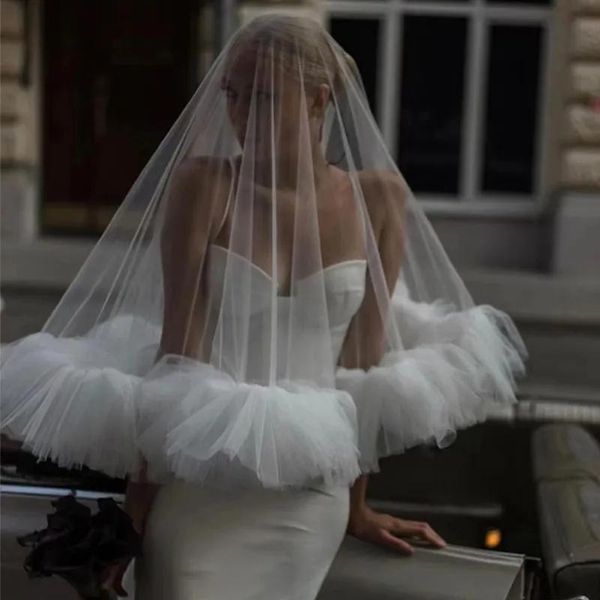Véus elegante casamento véu nupcial macio tule babados borda cobrindo rosto off branco irmã noivas véu artesanal 1.5m