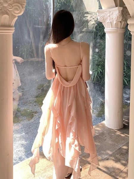 Abiti casual Fata Chiffon Abito con cinturino rosa Donna Sexy Backless Anche Party Beach Style Y2k Mini coreano Estate 2024 Chic