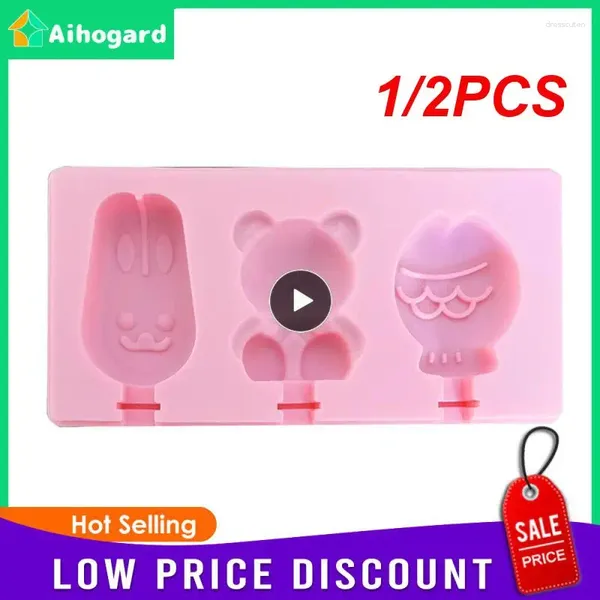 Moldes de cozimento 1/2 pcs silicone sorvete molde picolé bonito dos desenhos animados animal com tampas e varas reutilizáveis fazendo verão