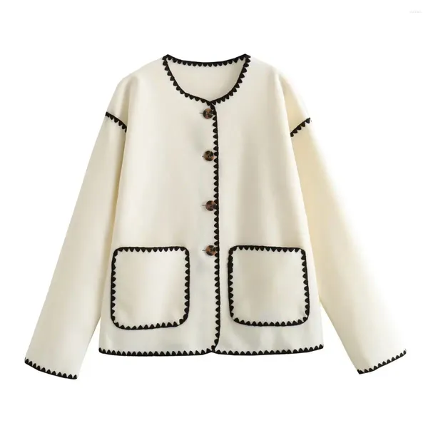 Giacche da donna Cappotto di lana Giacca corta lavorata a maglia patchwork moda Donna O-Collo Manica lunga Cappotto tascabile monopetto Autunno