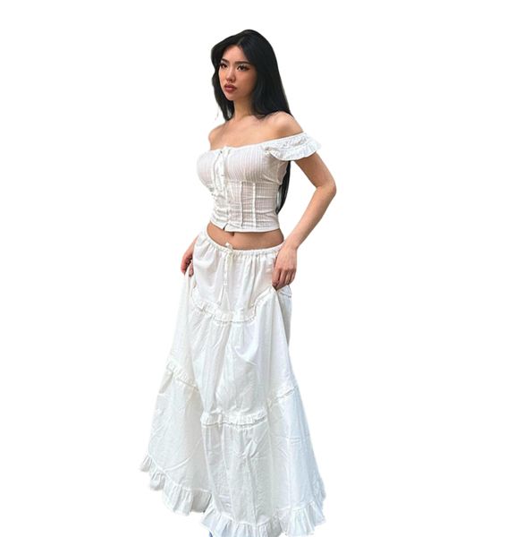 Damen-Set, schulterfrei, kurzärmelig, plissiertes Crop-Top und Ballkleid mit hoher Taille, langer Rock, 2-teiliger Anzug SML