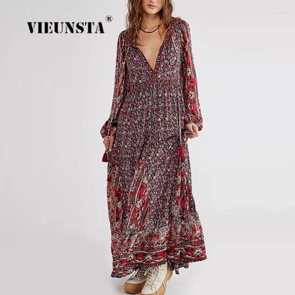 Casual Kleider Herbst Volle Hülse Vintage Party Kleid Elegante Boho Muster Nähen Fransen Lose Maxi Frauen Spitze-Up Lange