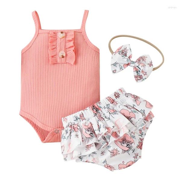 Set di abbigliamento Born Baby Girls Abiti corti estivi 2024 Body senza maniche con pantaloncini a fiori Fiocco Fascia per capelli Articoli Gruppi di cose