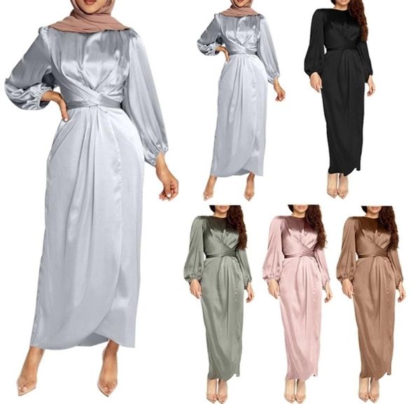 Vestidos casuais mulheres árabe muçulmano cetim puff manga longa maxi vestido cor sólida envoltório frente selfie abaya dubai turquia hijab robe ka4085322