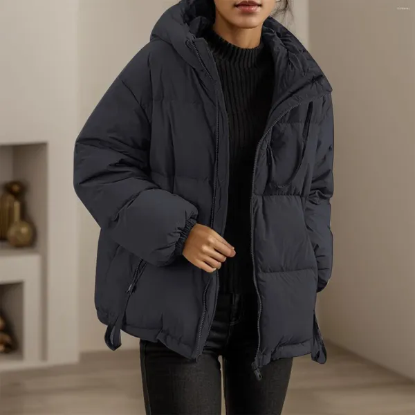 Trench da donna Piumino tinta unita Cappuccio Zip Up Cappotto invernale imbottito in cotone caldo Giacche taglie forti Bomber corto oversize nero