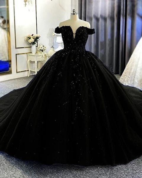 Vestido de casamento preto gótico fora do ombro longo tule vestido de baile glitter lantejoulas frisado renda apliques vintage plus size vestidos de noiva 2024
