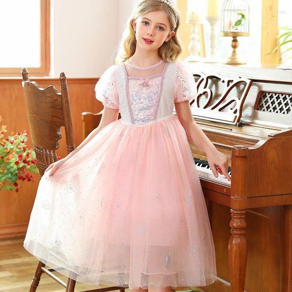 Vestidos de menina princesa vestido de festa para bebês meninas lantejoulas rosa malha verão roupas infantis 3 4 5 6 8 10 anos