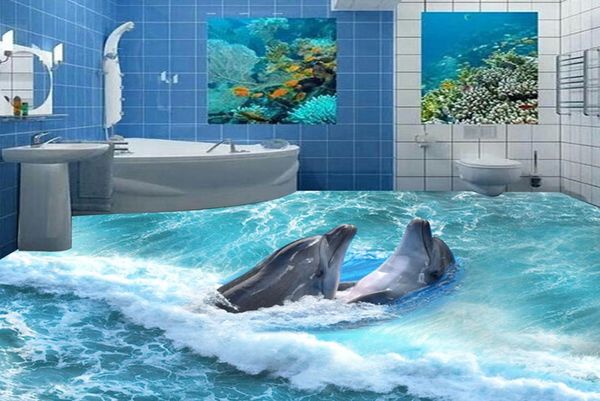 Напольные обои любого размера по индивидуальному заказу, 3D стереоскопические обои с дельфинами и океаном, настенная роспись пола в ванной комнате, самоклеящиеся водонепроницаемые обои для пола 206242021