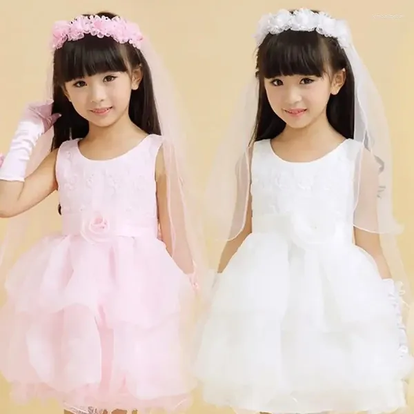 Fermagli per capelli Bambini Copricapo da sposa floreale in pizzo Fascia per capelli piccola principessa Doppi strati Veli di tulle Fiori Ghirlanda di volant Ghirlanda di velo