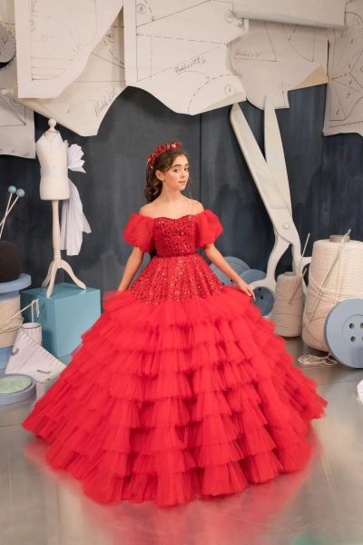 Sexy vermelho longo flor menina vestidos fora do ombro lantejoulas mangas curtas vestido de baile em camadas tule até o chão feito sob encomenda para festa de casamento