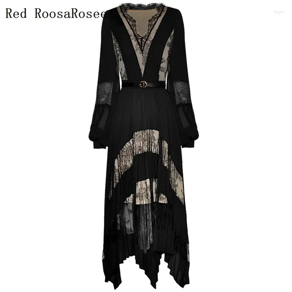 Casual Kleider Rot RoosaRosee V-ausschnitt Kragen Spitze Patchwork Lange Laterne Hülse Schwarz Gürtel Party Kleid 2024 Sommer Frauen Vestidos Robe femme