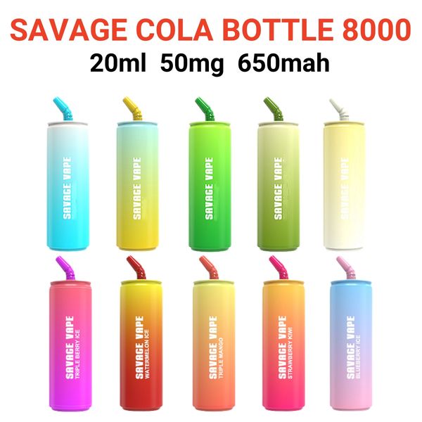 E-Zigarette Savage Cola Bottle Puff 8000 Einweg-Vape-Pen 20 ml vorgefüllt 650 mAh wiederaufladbar 50 mg im Vergleich zu Puff 9000 Randm Tornado 12000