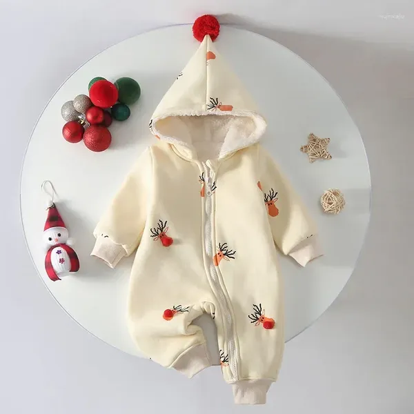 Salıncaklar Sonbahar Kış Yıl Giyim Toddler Bebek Erkek Kız Romper Kapşonlu Karikatür Baskı Peluş Peluş Kalın Tulum Noel