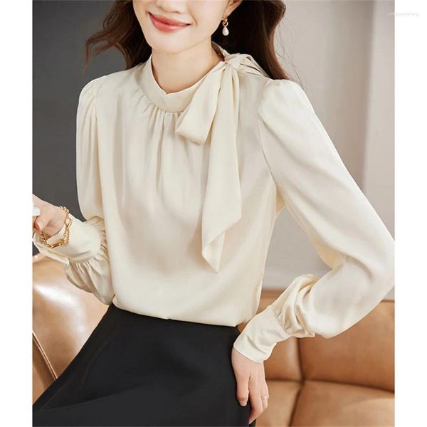 Frauen Blusen 2024 Mode Frühling Chiffon Frauen Elegante Spitze Up Bogen Langarm Shirts Frau Koreanischen Stil Büro OL Hemd tops