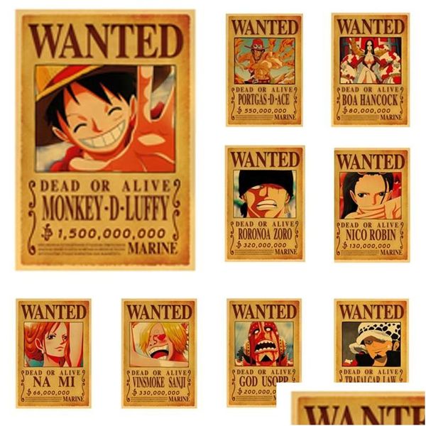 Adesivi murali One Piece Classic Vintage Poster Rufy Zoro Wanted Room Decor Art Kraft Paper Drop Delivery Home Garden Dhw5C